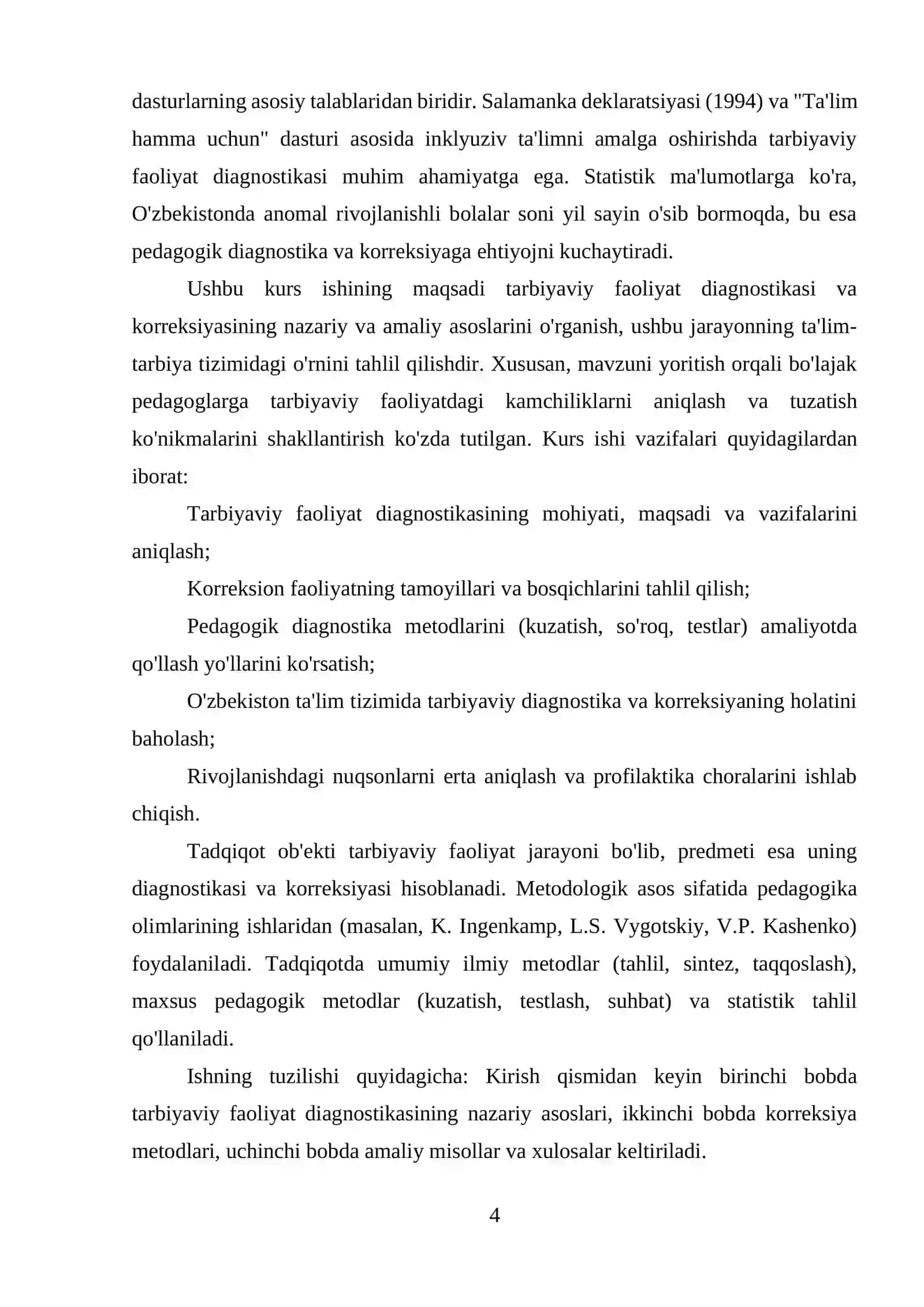 TARBIYAVIY FAOLIYAT DIAGNOSTIKASI VA KORREKSIYASI KURS IShI 4