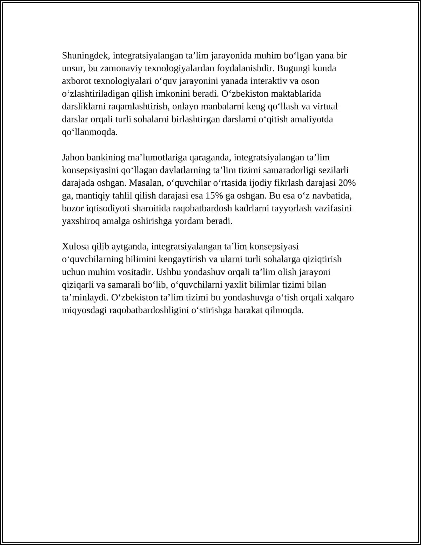 MUSTAQIL ISH Mavzu: INTIGRATSIYALANGAN TA'LIM SHAROITIDA,TA'LIM KLASTIRIDAN FOYDALANISHNING PEDAGOGIK IMKONIYATLARI 4