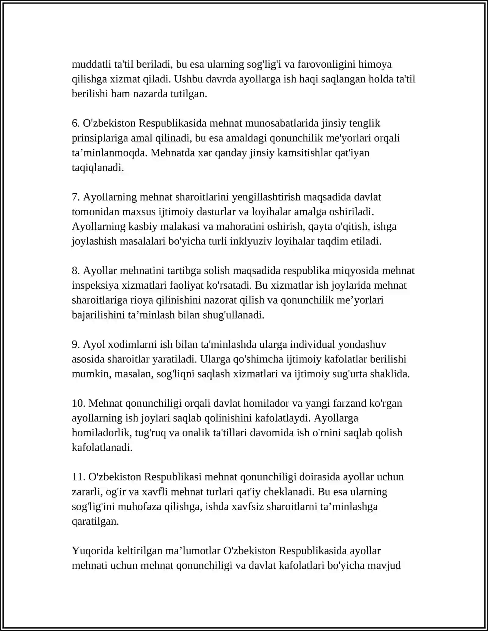 AYOLLAR MEHNATI VA ULARGA BERILADIGAN QO'SHIMCHA KAFOLATLAR HAMDA IMTIYOZLAR 4