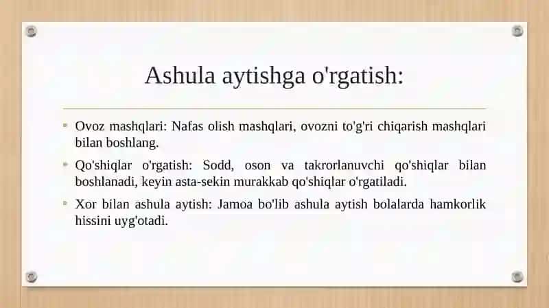 Bolalarni ashula aytish, musiqa tinglash va musiqaviy-ritmik xarakatlarni o‘rgatish 4