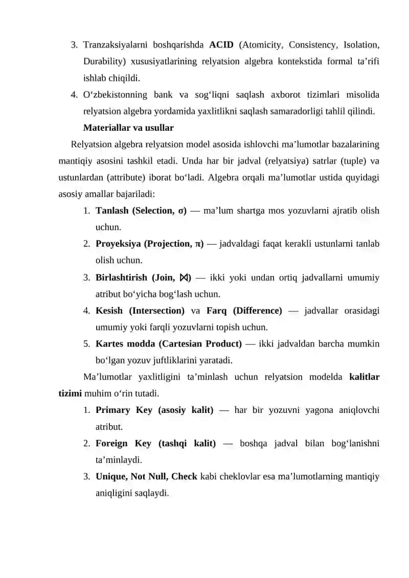 Relyatsion algebra va maʼlumotlar bazasida axborot yaxlitligi 4