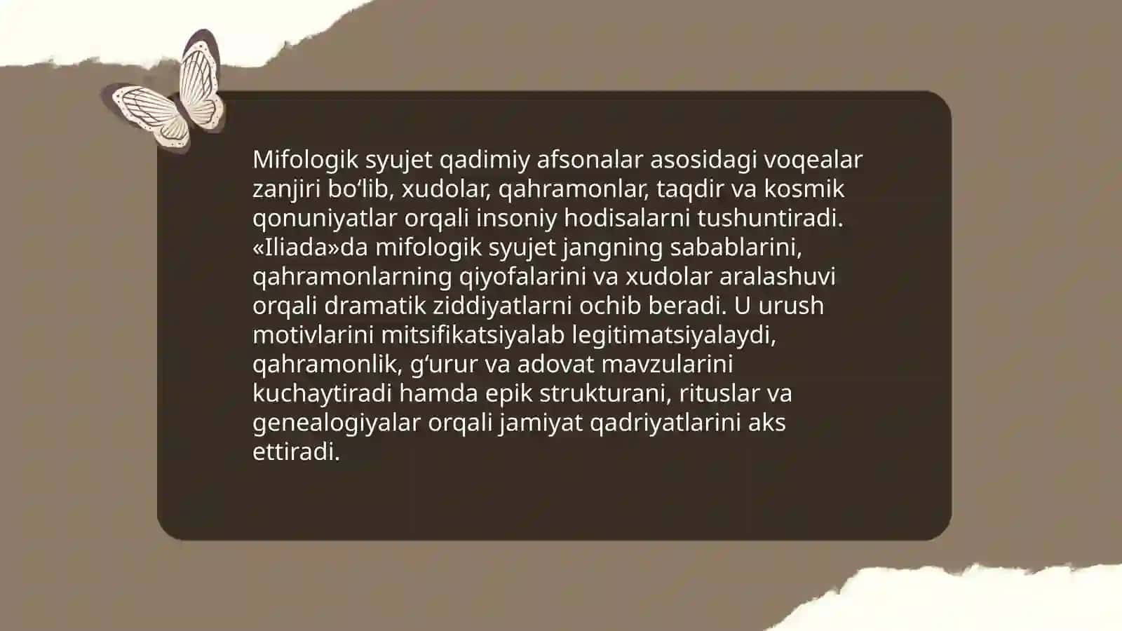 Gomerning "Illiada " asari mifolagik sujetlarini o'rni haqida taqdimot tayyorlash 4