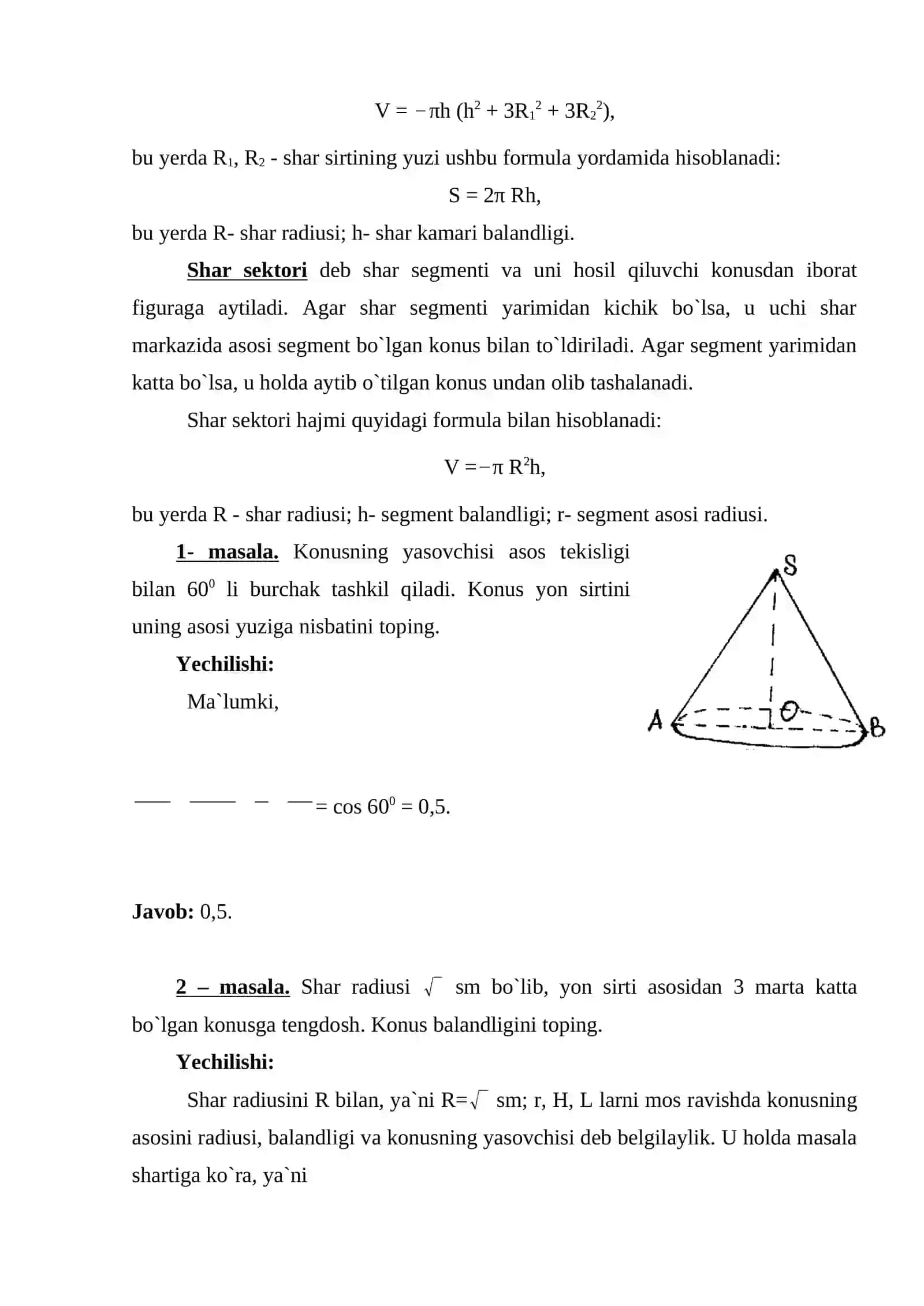 Aylanish figuralari | Silindr, Konus, Kesik konus, Shar va Sfera | 15 ta yechilgan masala | DOC 4