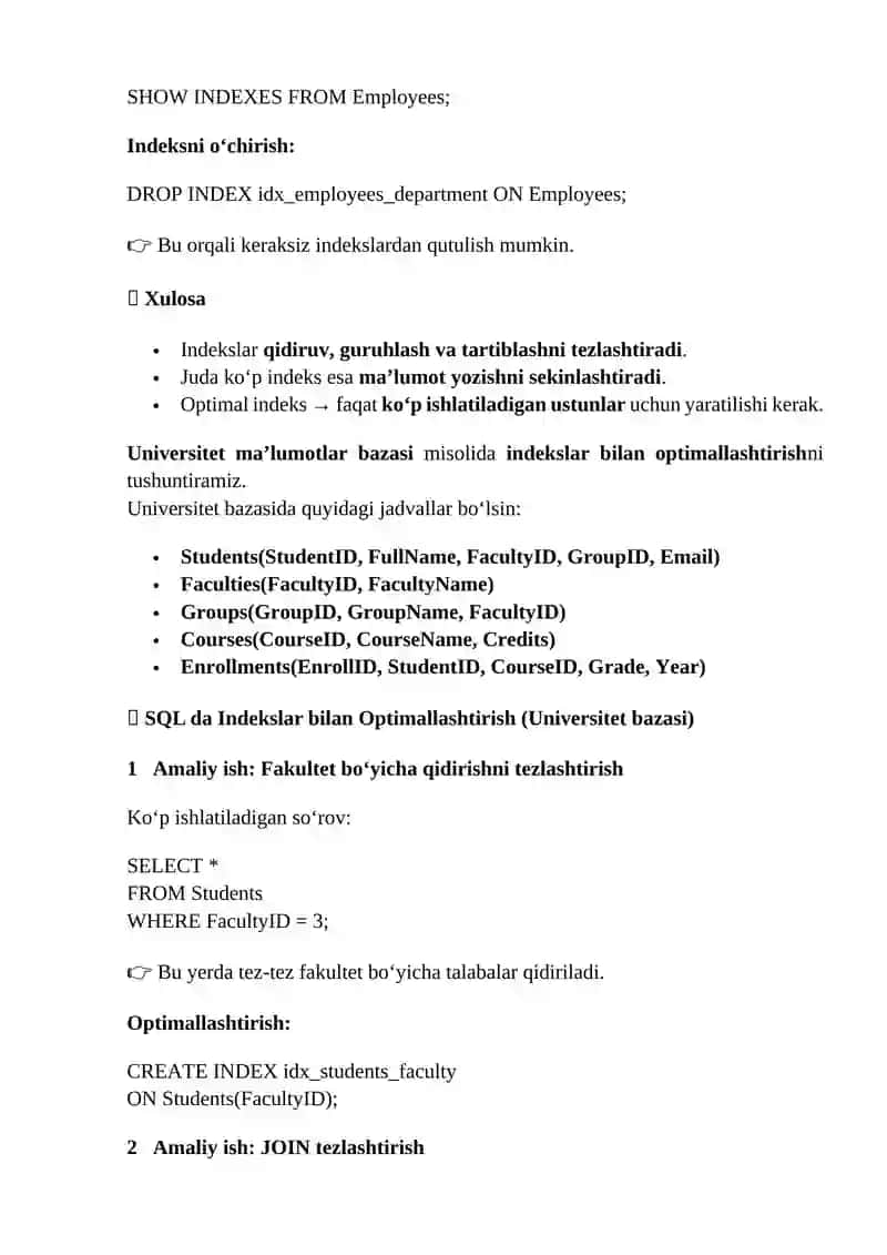 Indekslar bilan optimallashtirish. 4