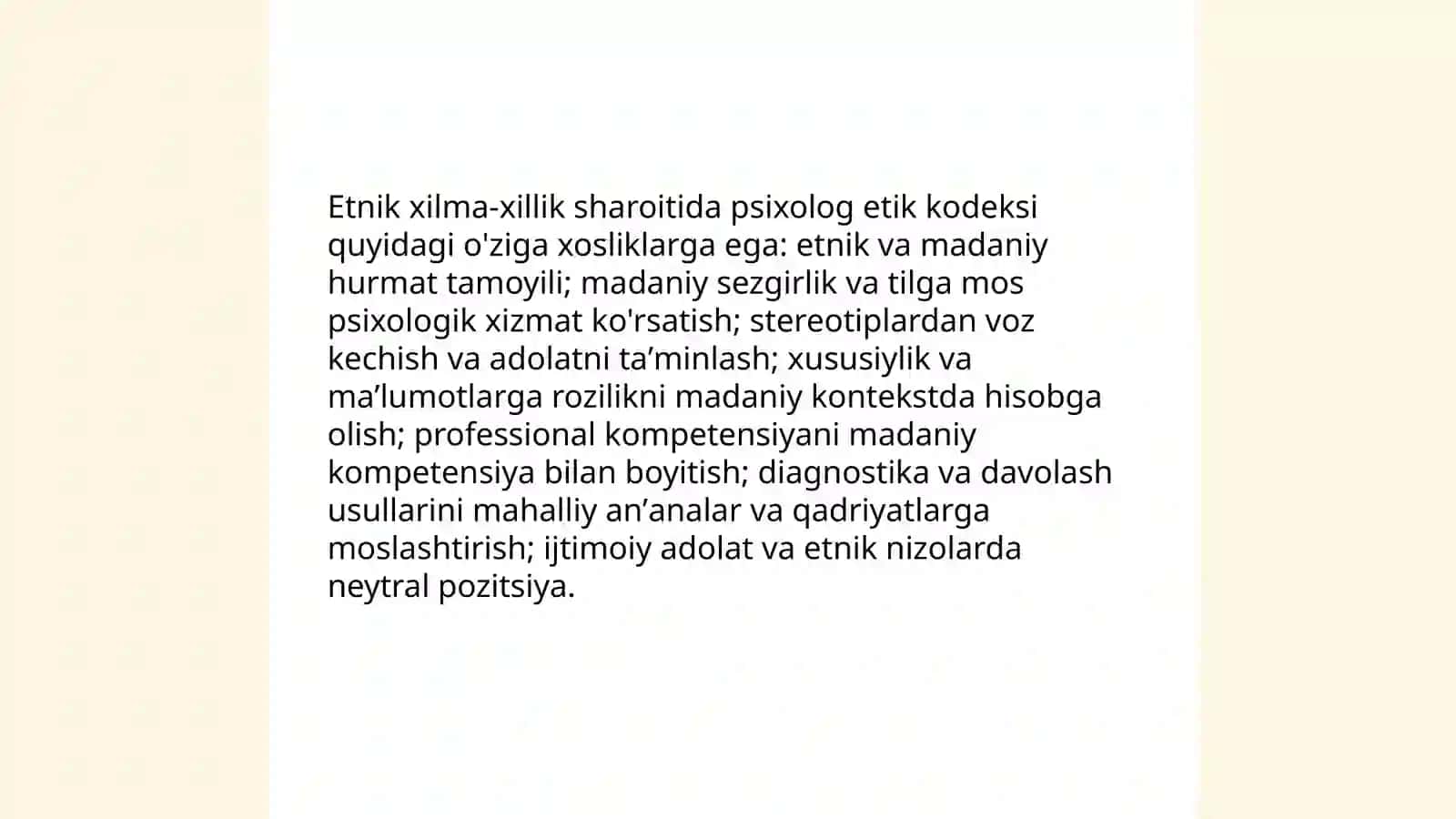 Psixolog faoliyatini etnik muammosi kasbiy meʼyorlarining oʻziga xosligi 4