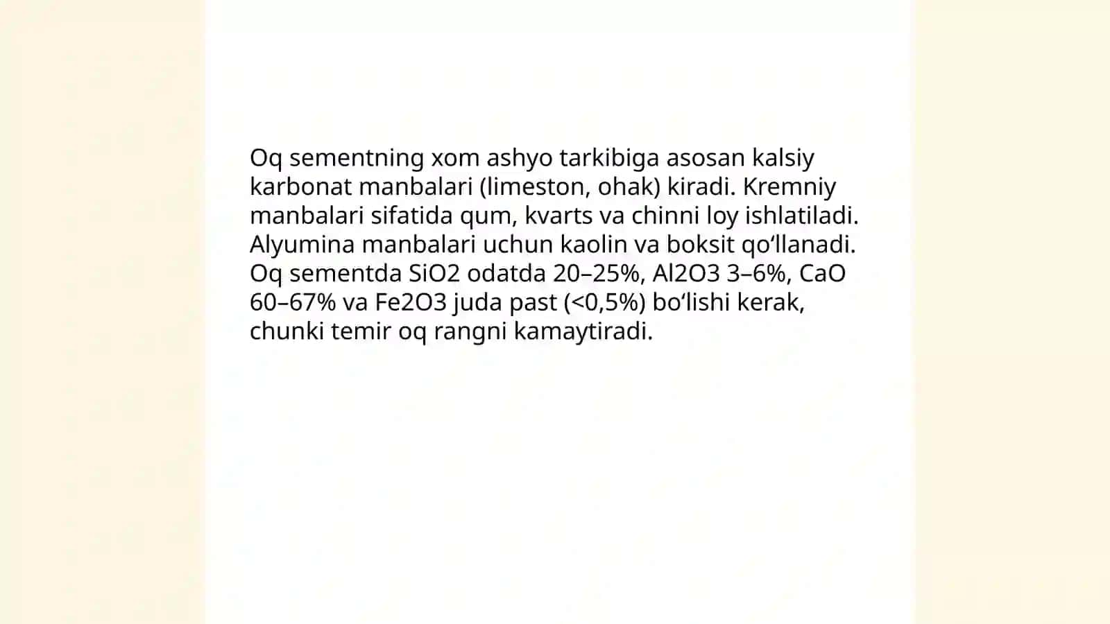 Oq sement oʻng tarkibi va xossalari 4