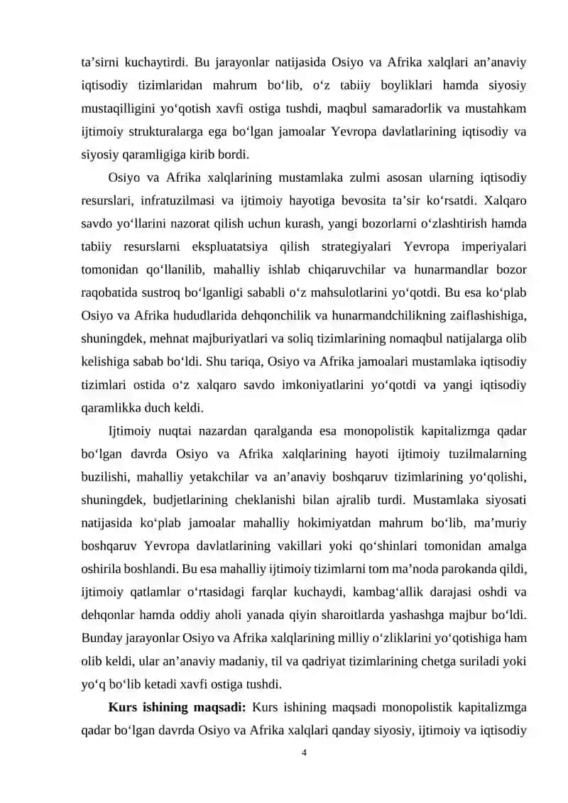 Monopolistik kapitalizmgacha bo‘lgan davrda Osiyo va Afrika xalqlari mustamlaka zulmi ostida 4