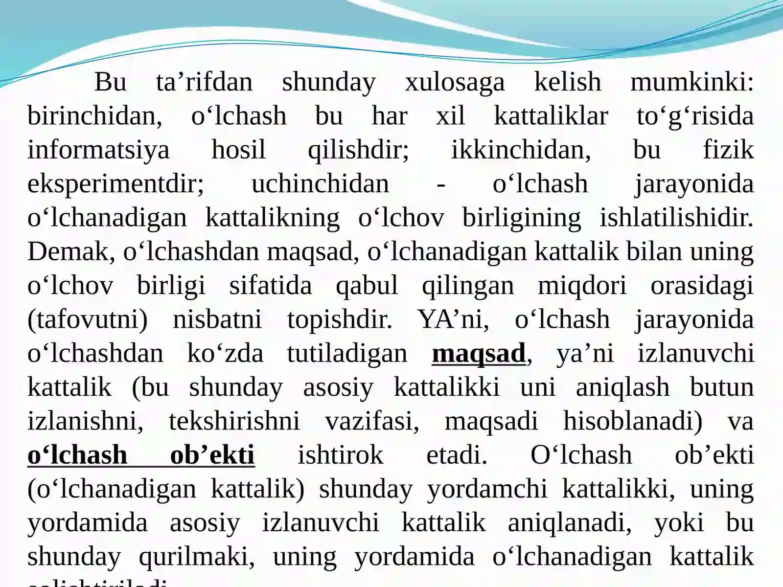 O‘LCHASH JARAYONI BO‘YICHA UMUMIY MA’LUMOTLAR 4