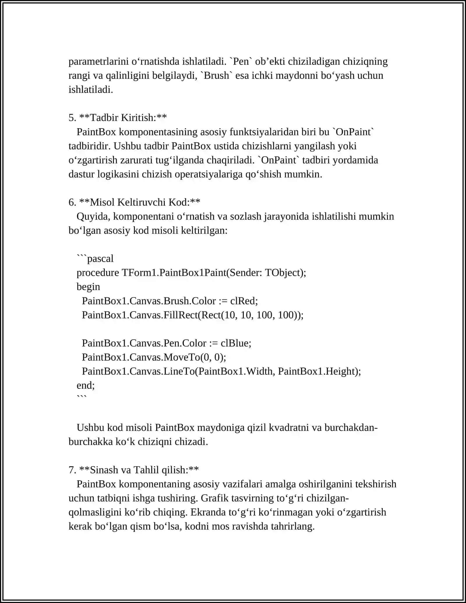 EMBARCADERO RAD STUDIO DELPHI DASTURLASH MUHITINING PAINTBOX KOMPONENTASI IMKONIYATLARIDAN FOYDALANISH 4