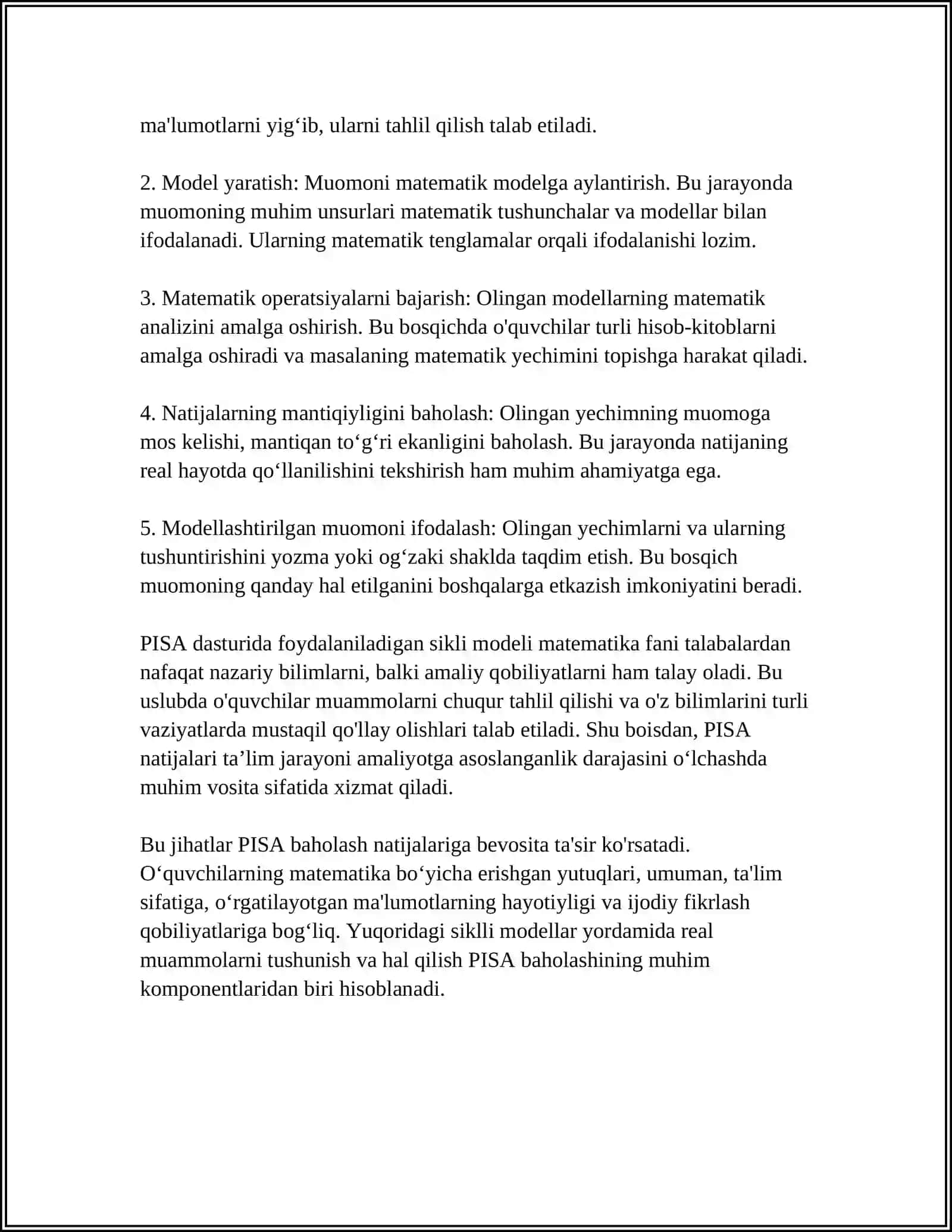 PISA XALQARO BAHOLASH DASTURIDA MATEMATIKA MULOHAZA YURITISH VA MUOMONI HAL QILISH MODELLASHTIRISH ORASIDAGI SIKLI 4