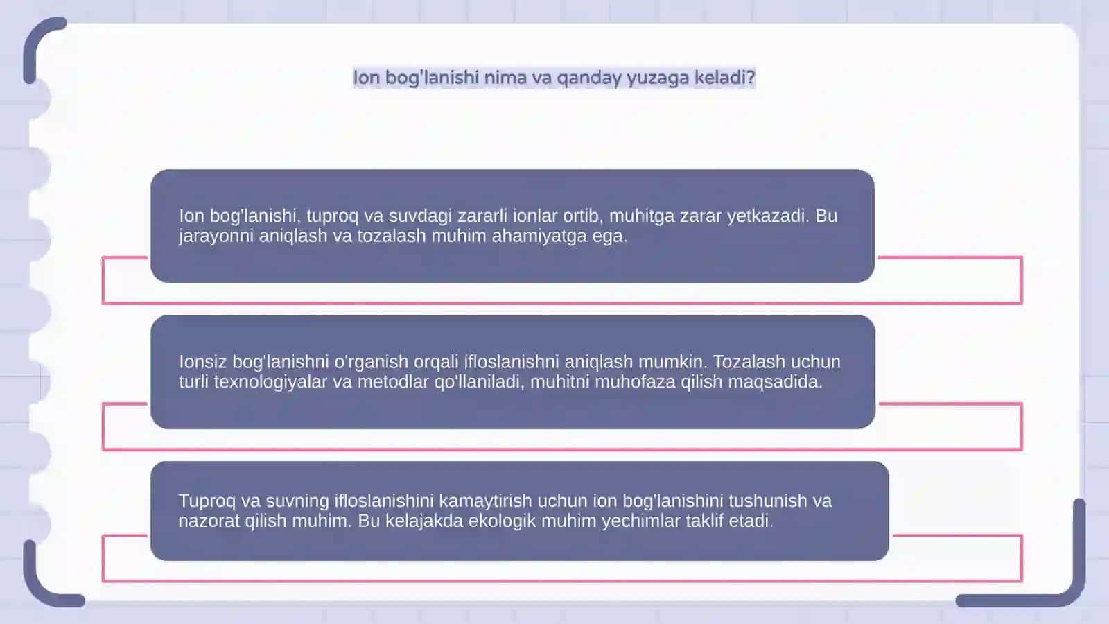Tuproq va suvning ifloslanishi ion boglanishi birikmalarni aniqlash va tozalash 4