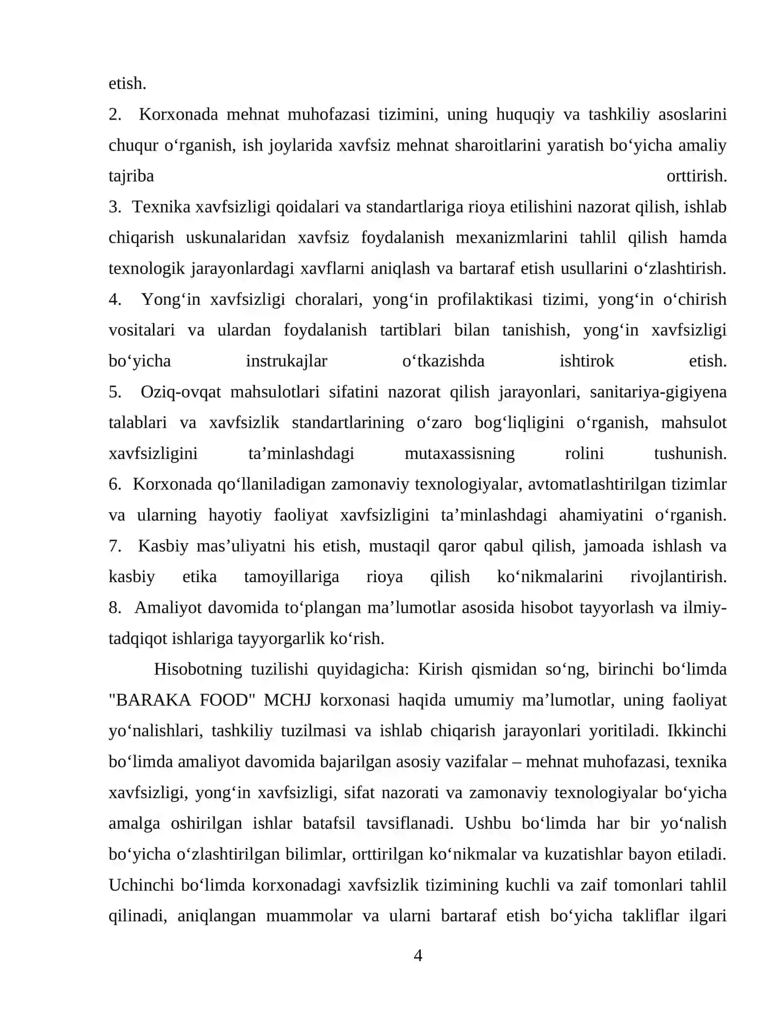 "Baraka Food" MChJ korxonasida mehnat muhofazasi va texnika xavfsizligi, yong‘in xavfsizligi choralari, sifat nazorati va zamonaviy texnologiyalardan foydalanish 4