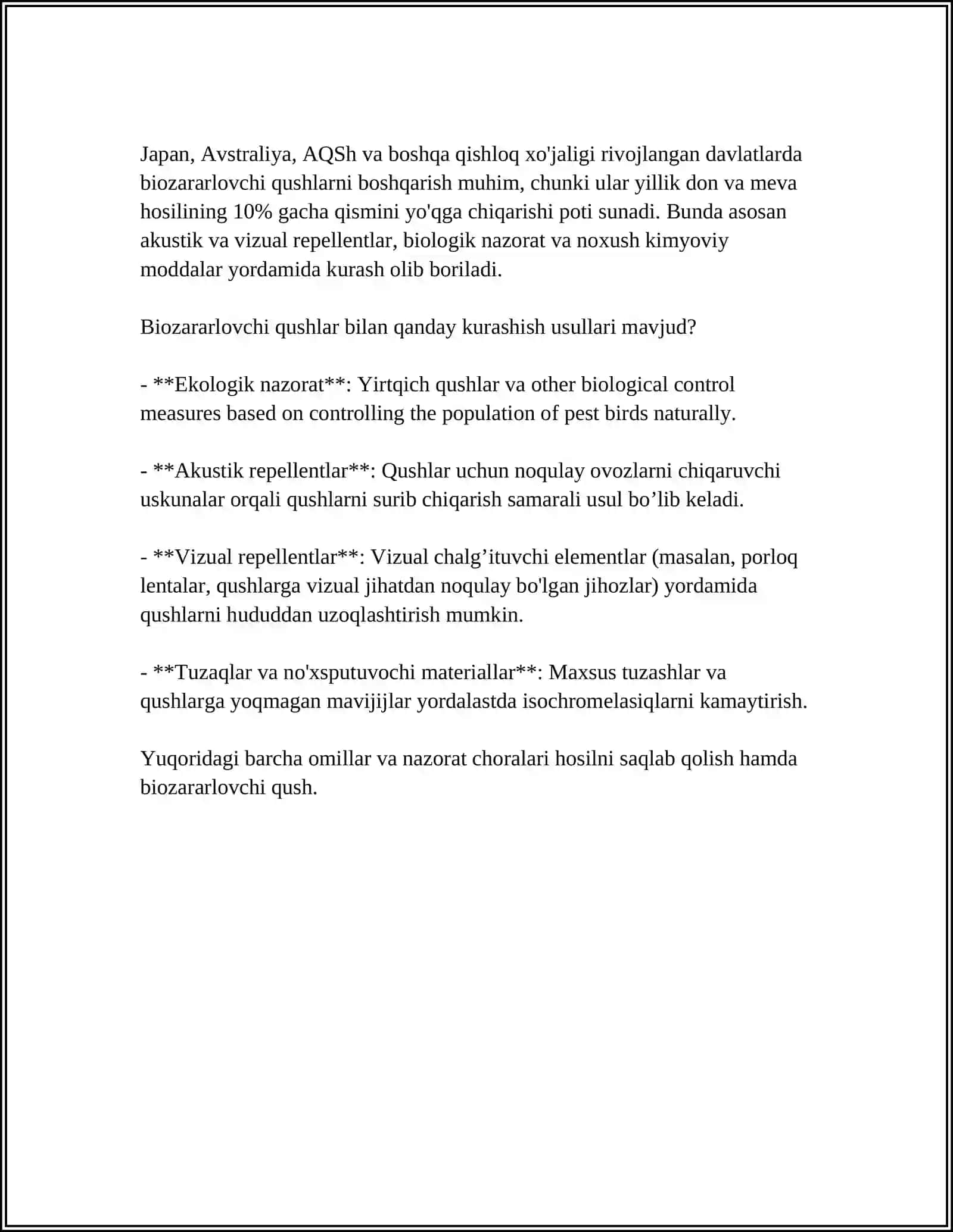 BIOZARARLOVCHI QUSHLAR SINFINING UMUMIY TAVSIFI. QUSH GURUHLARINING SISTEMATIK STATUSI 4