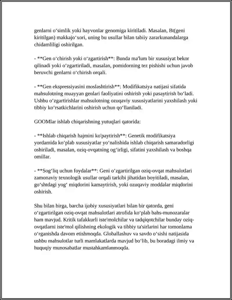 GENI OʻZGARTIRILGAN OZIQ-OVQAT MAHSULOTLARI VA ORGANIZMLAR 4