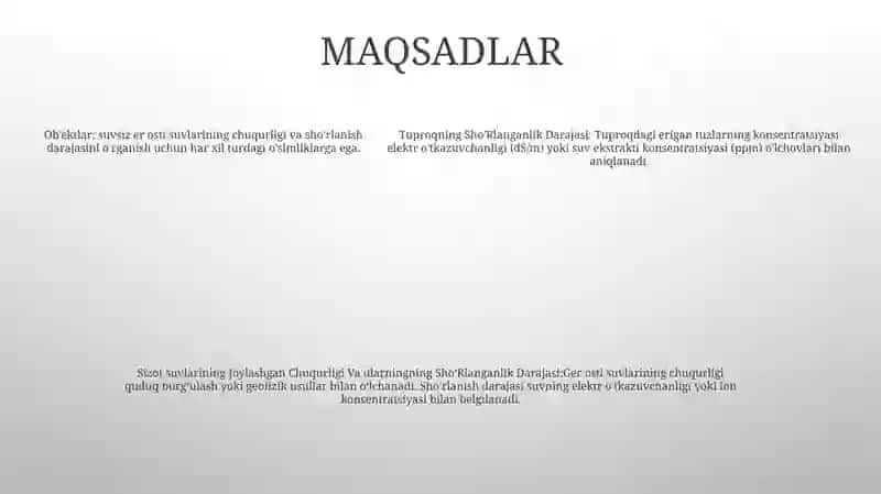 Tuproqlarning Sho'Rlanganlik Darajasi Sizot Suvlarining Joylashgan Chuqurligi Va Ularning Sho'Rlanganlik Darajasini O'Simlik Qoplamiga Ko'Ra Aniqlash 4