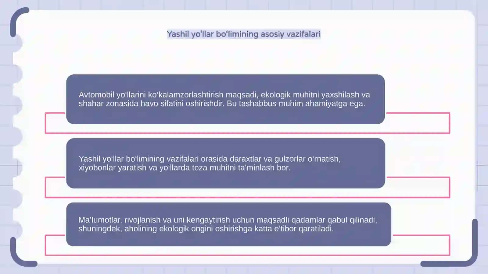 Avtomobil yo'llarini ko‘kalamzorlashtirish maqsadi va vazifalari 4