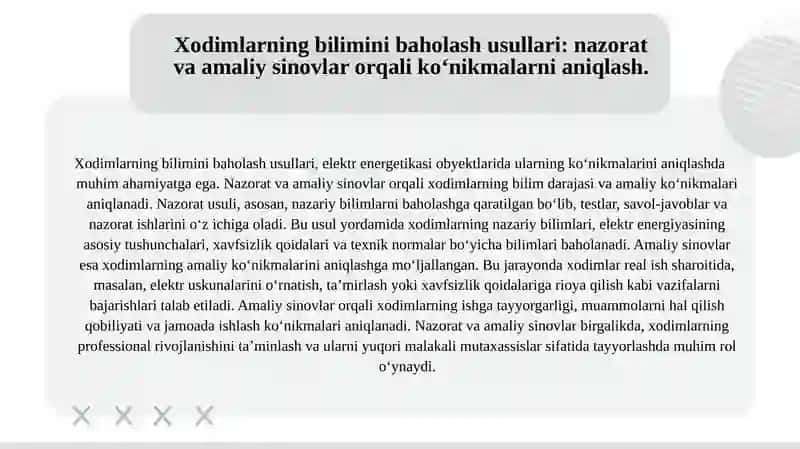 Elektr energetikasi obyektlarida xodimlarni oʻqitish va ularning bilimini sinash ishlarini oʻtkazish shartlari 4