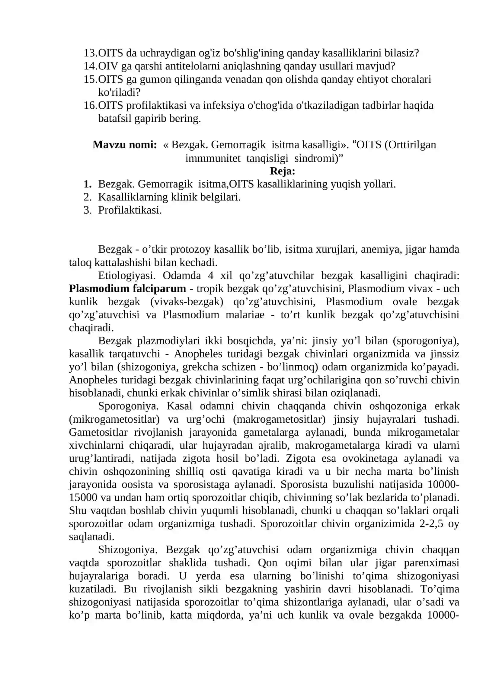 Bezgak. Gemorragik isitma kasalligi. OITS (Orttirilgan immmunitet tanqisligi sindromi) 4