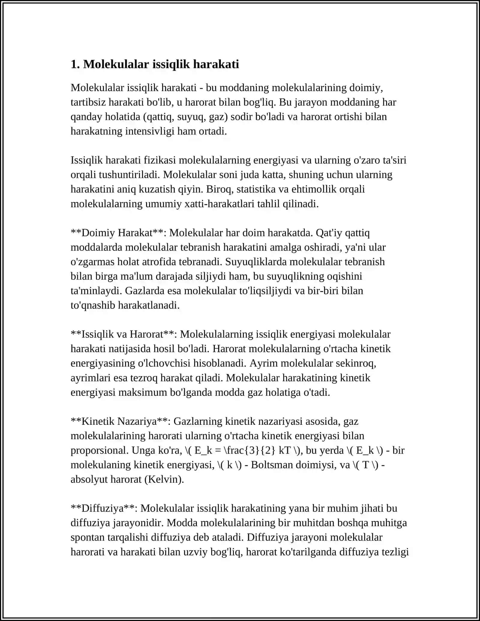 MUSTAQIL ISH REJA A)GAZ MOLEKULALARINING ISSIQLIK HARAKATI TEZLIGI VA ENERGIYASI BUYICHA MAKSVELL TAQSIMOTI. B)O'ZGARUVCHAN MASSALI JISMNING HARAKATI C)ERKINLIK DARAJASI BO'YICHA ENERGIYA TAQSIMOTI 4