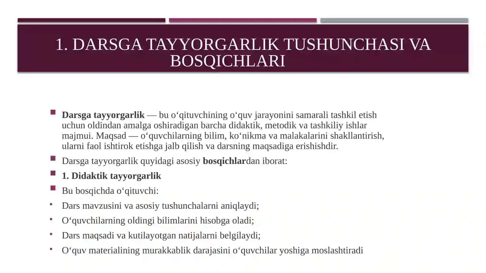 DARSNI TASHKIL QILISHGA TAYYORGARLIK, BIR SOATLIK DARS REJA KONSPEKTINI TAYYORLASH 4
