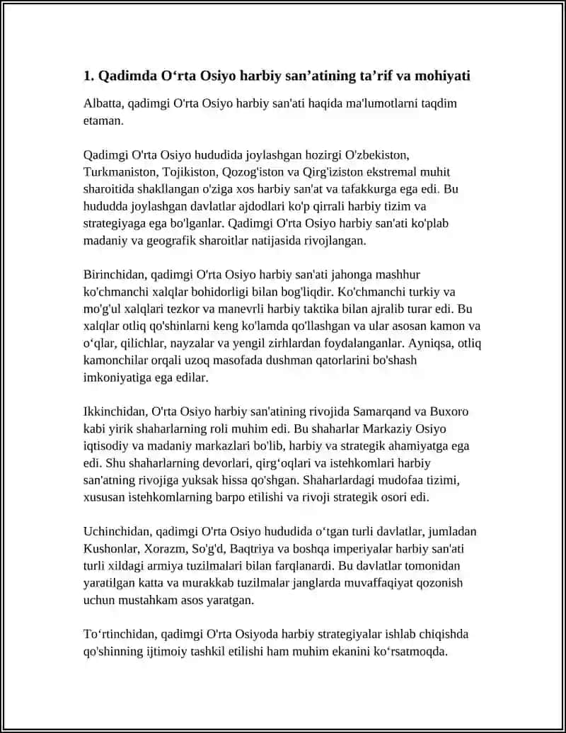 QADIMDA ORTA OSIYO HALQLARI HARBIY SANATI HARBIY TARIX FANINING PREDMETI MAQSAD VA VAZIFALARI QADIMGI ORTA OSIYO HALQLARINING QUROL YAROGLARI VA JANG OLIB BORISH TAKTIKASI ORTA OSIYO HALQLARINING AHMONIYLARGA QARSHI KURASHI TOMARIS, SHIROQ 4