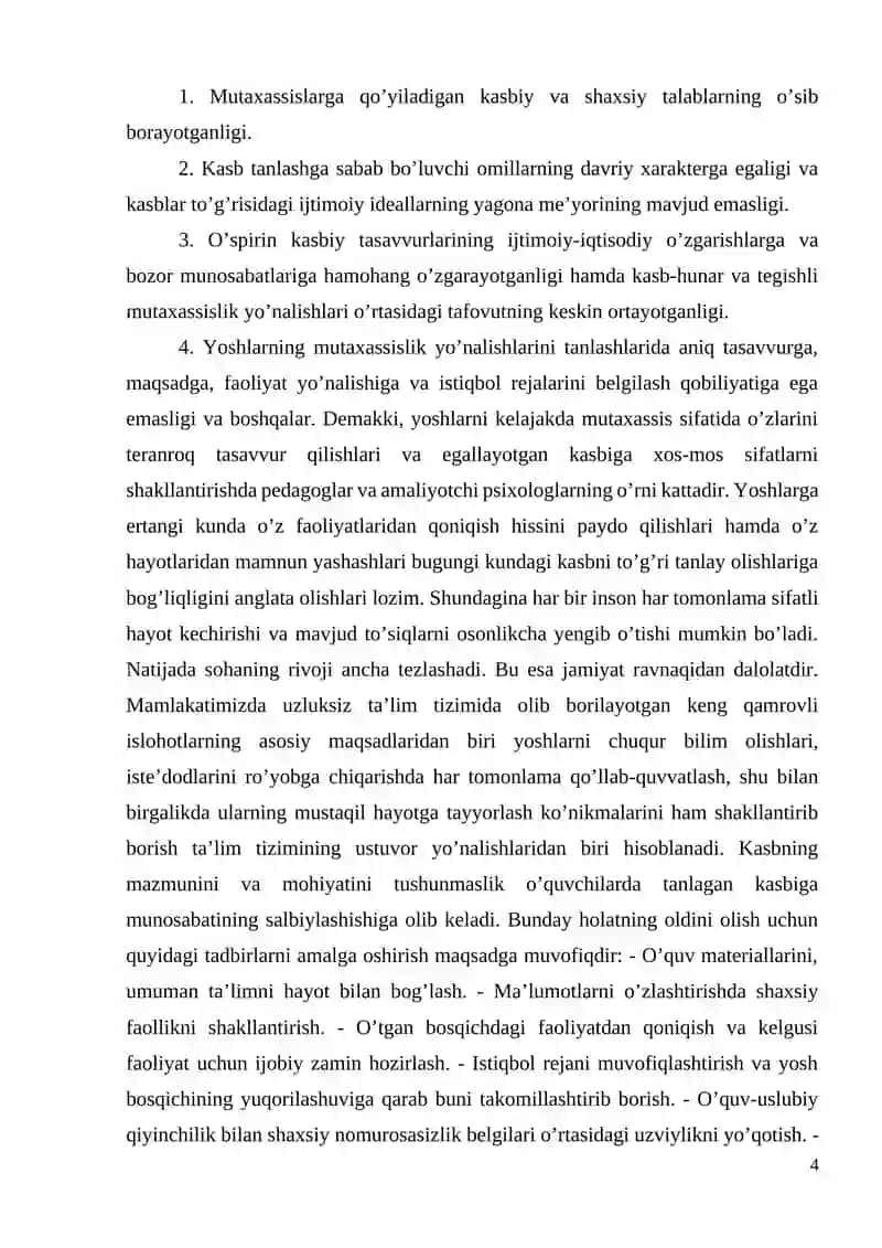 O‘QUVCHILARNING QOBILIYATI, LAYOQATI, QIZIQISHLARI VA KASB-HUNARGA MOYILLIKLARI ASOSIDA TO‘G‘RI KASB-HUNAR TANLASHLARIGA KO‘MAKLASHISH 4