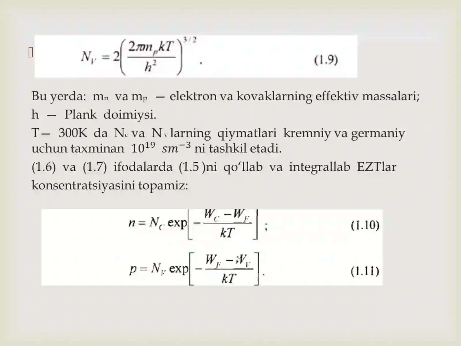 Erkin zaryad tashuvchilarning muvozanat holatdagi konsentratsiyasi 4