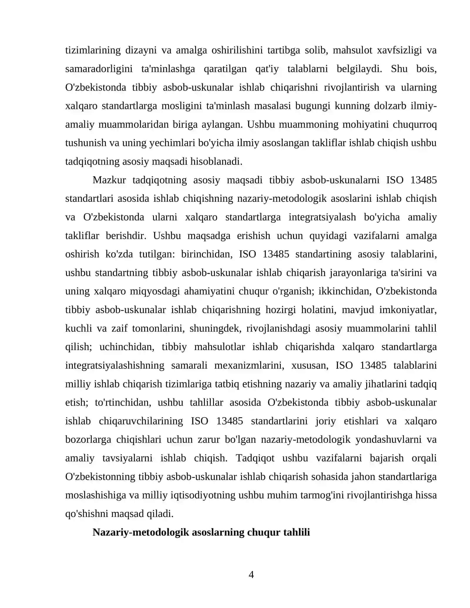 Tibbiyot sohasidagi asbob-uskunalarni ISO 13485 standart talablariga muvofiq ishlab chiqish va xalqaro standartlarga integratsiyalash 4