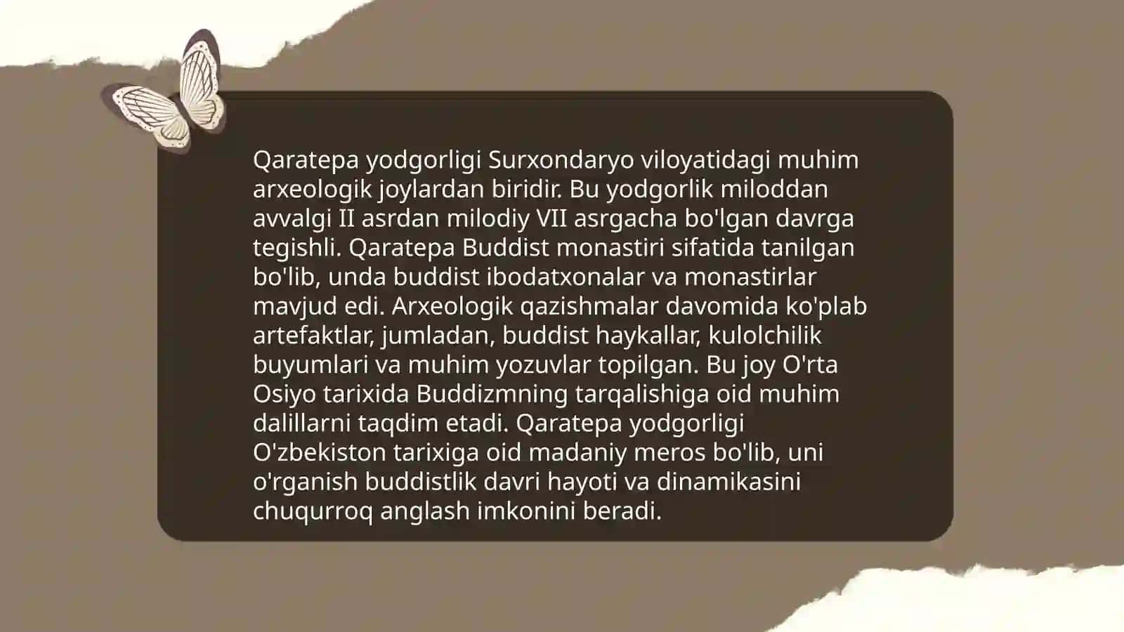 Oʻzbekistonada buddaviylik dinining tarixiy ildizlari (Qaratepa,Fayoztepa, Dalvarzintepa) va hozirgi zamon 4