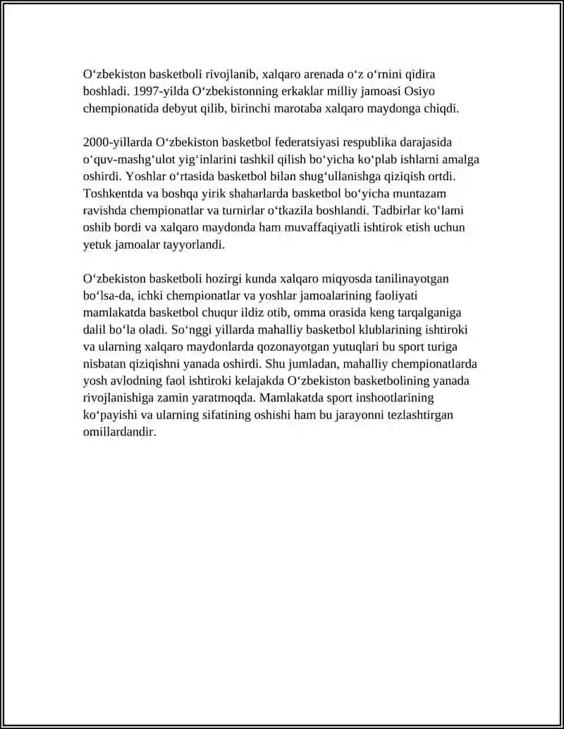 O'zbekistonda Bosketbolning Rivojlanishi Referat 4