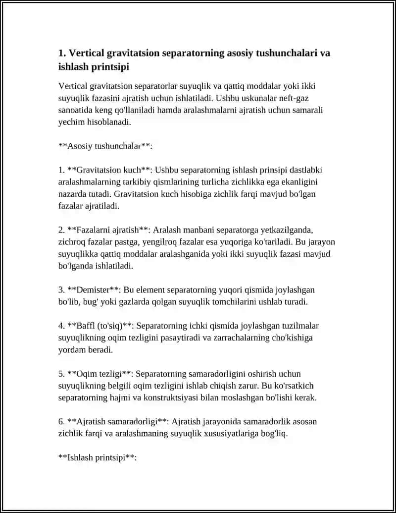 VERTIKAL GRAVITATSION SEPARATORLARNING ICHKI DIAMETRI VA OʼTKAZUVCHANLIK QOBILIYATINI HISOBLASH 4