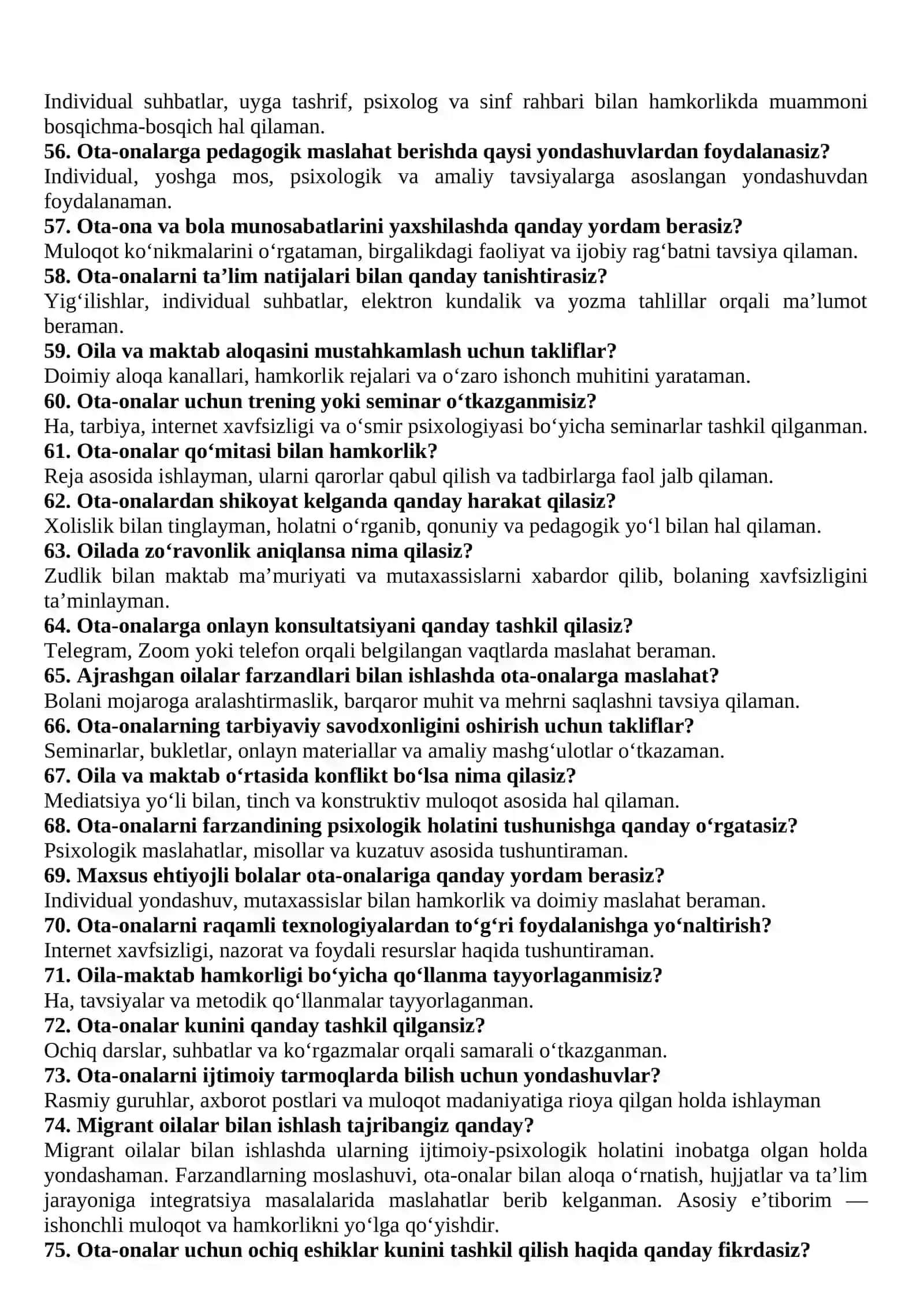Maktab maslahatchisi lavozimi uchun suhbat test savol va javoblari 4