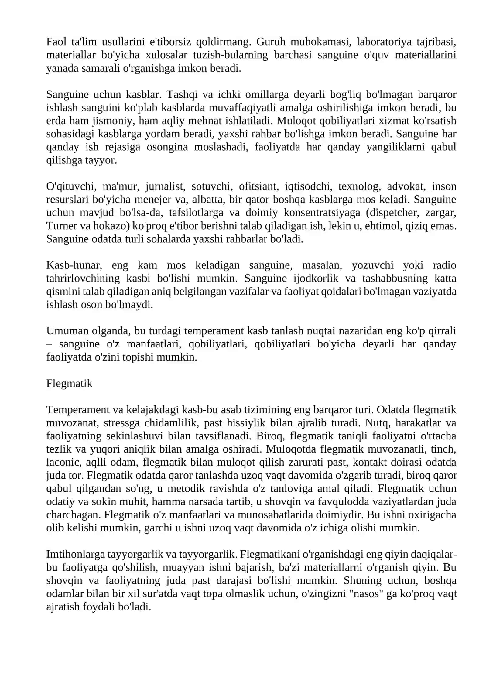 Qanday kasblar vabo, sanguine, flegmatik, melankolik uchun mos keladi 4