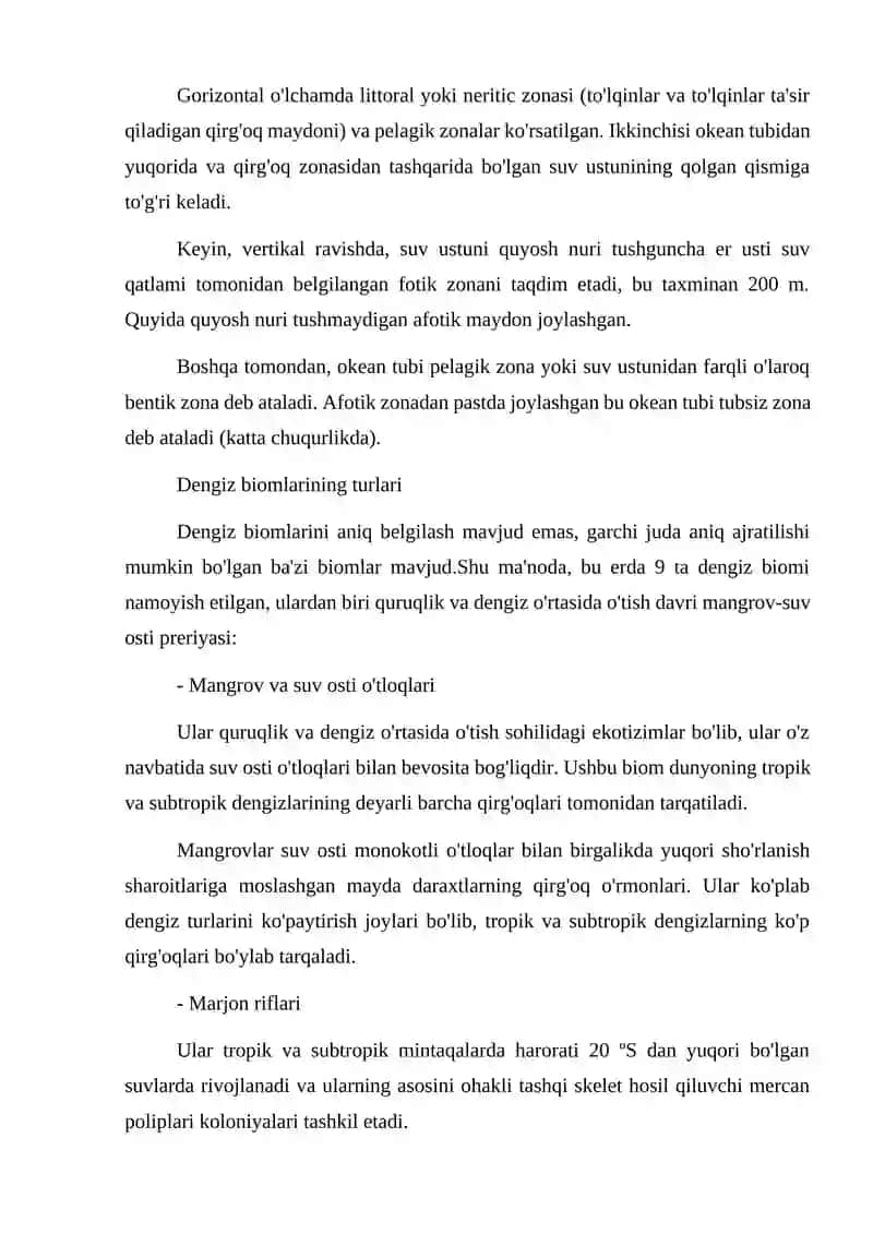 Dengiz va okeanlarning bionomik mintaqalar, quruqlikda o`simlik va hayvonlarni yashash sharoitlari 4