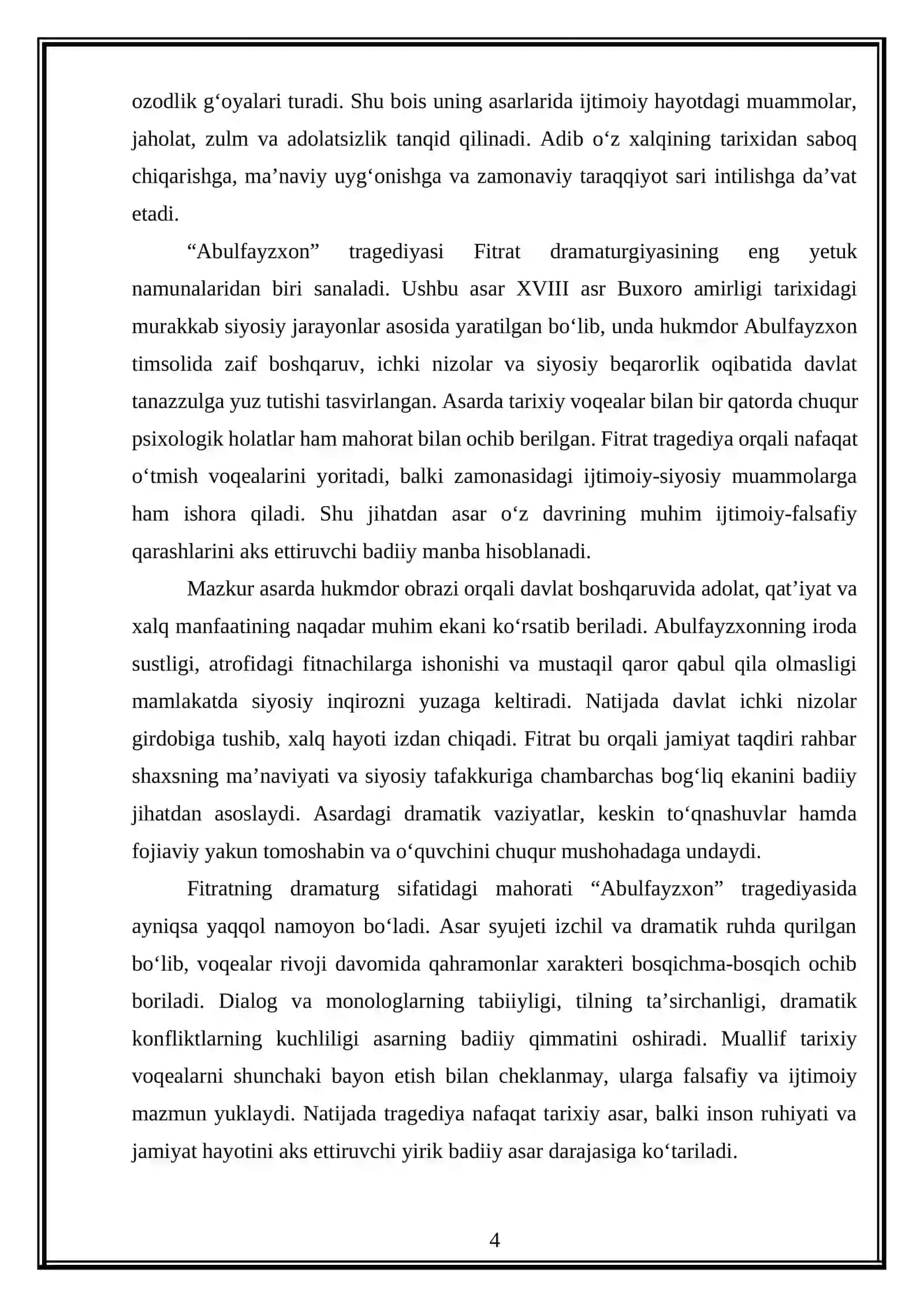 Abdurauf Fitrat. Abilfayzxon fojiasi asar matni bilan ishlash 4