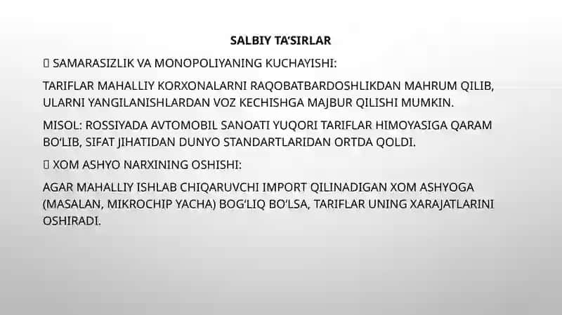 Bojxona tariflarining ishlab chiqaruvchi-larga, iste’molchilarga va mamlakat aholisi turmush darajasiga ta’siri 4
