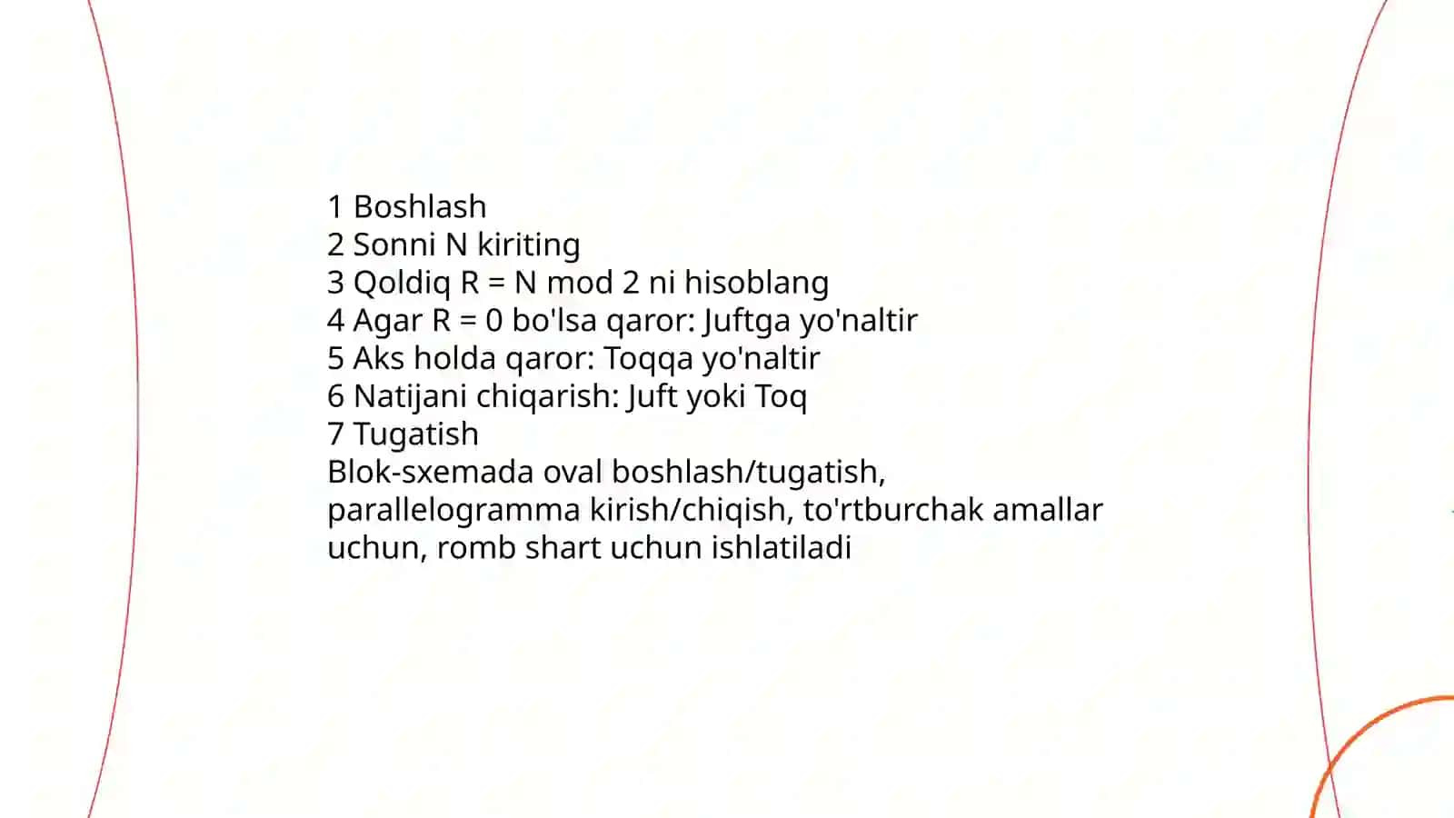 Algoritmning blok-sxemalar yordamida berilishiga misol keltiring 4