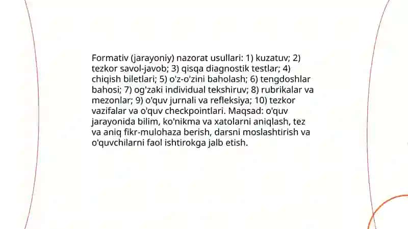 Oʻquvchilarning bilim koʻnikma va malakalarini nazorat qilish turlari shakl va metodlar 4