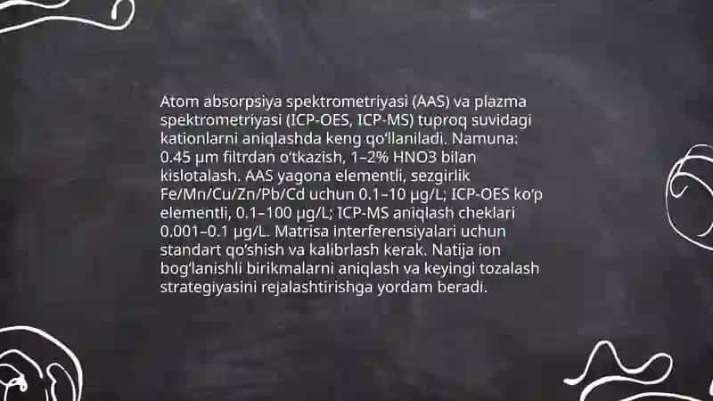 Tuproq suvning ifodalanishida ion bog'lanishli birikmalarni aniqlash 4