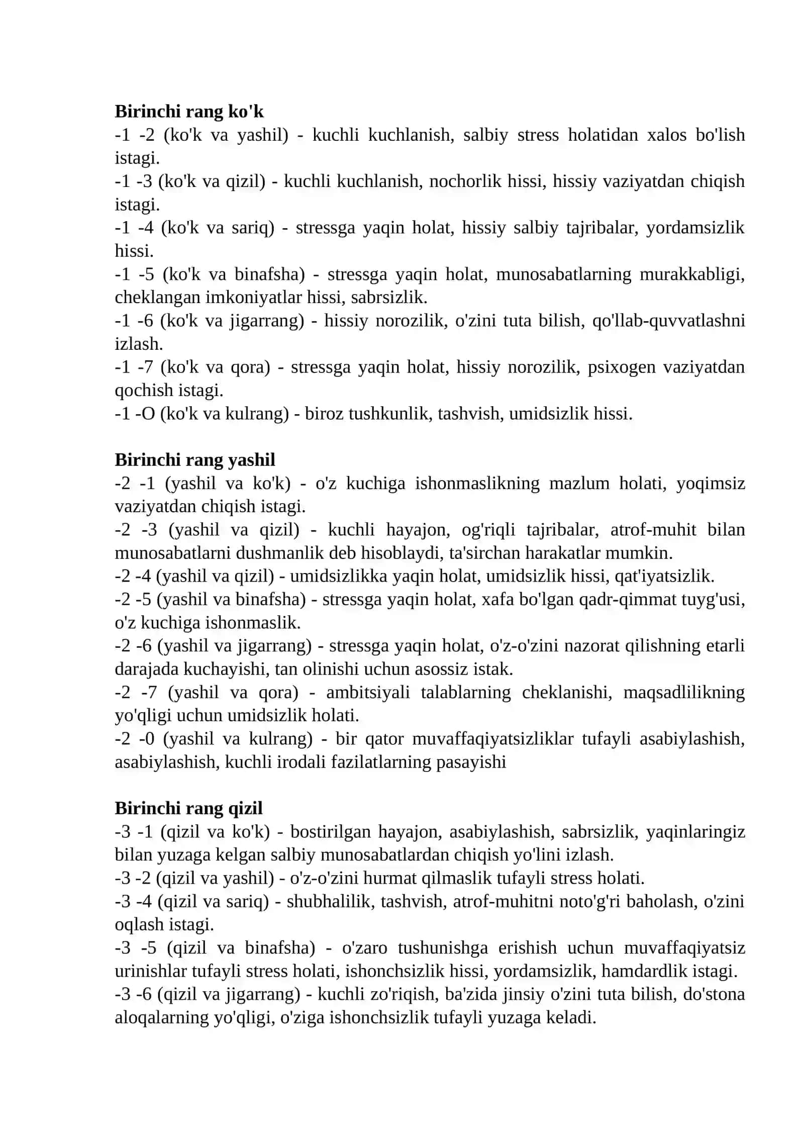 Lyusher bo'yicha rang juftlarini talqin qilish 4