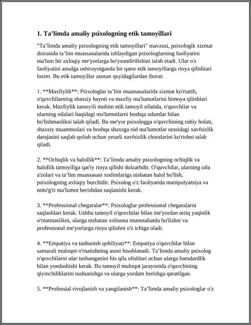 TAʼLIMDA AMALIY PSIXOLOGNING ETIK NORMA VA QOIDALARI. PSIXOLOGIK XIZMATNING NORMATIV VA ICHKI XUJJATLARI 4