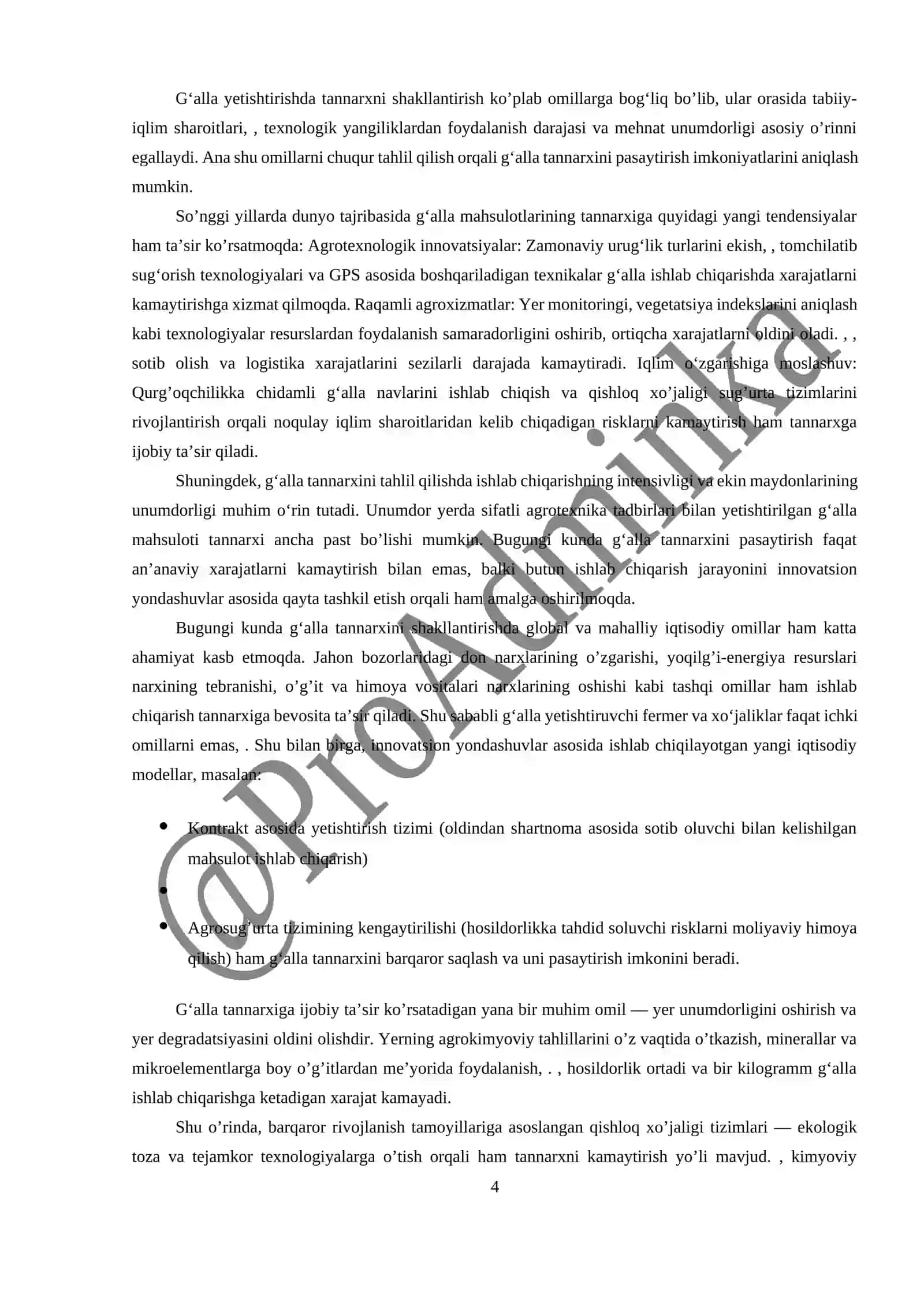 O’ZBEKISTON RESPUBLIKASI GURUH KURS ishi 2025: GʻALLA TANNARXI VA UNI PASAYTIRISH YOʻLLARI 4