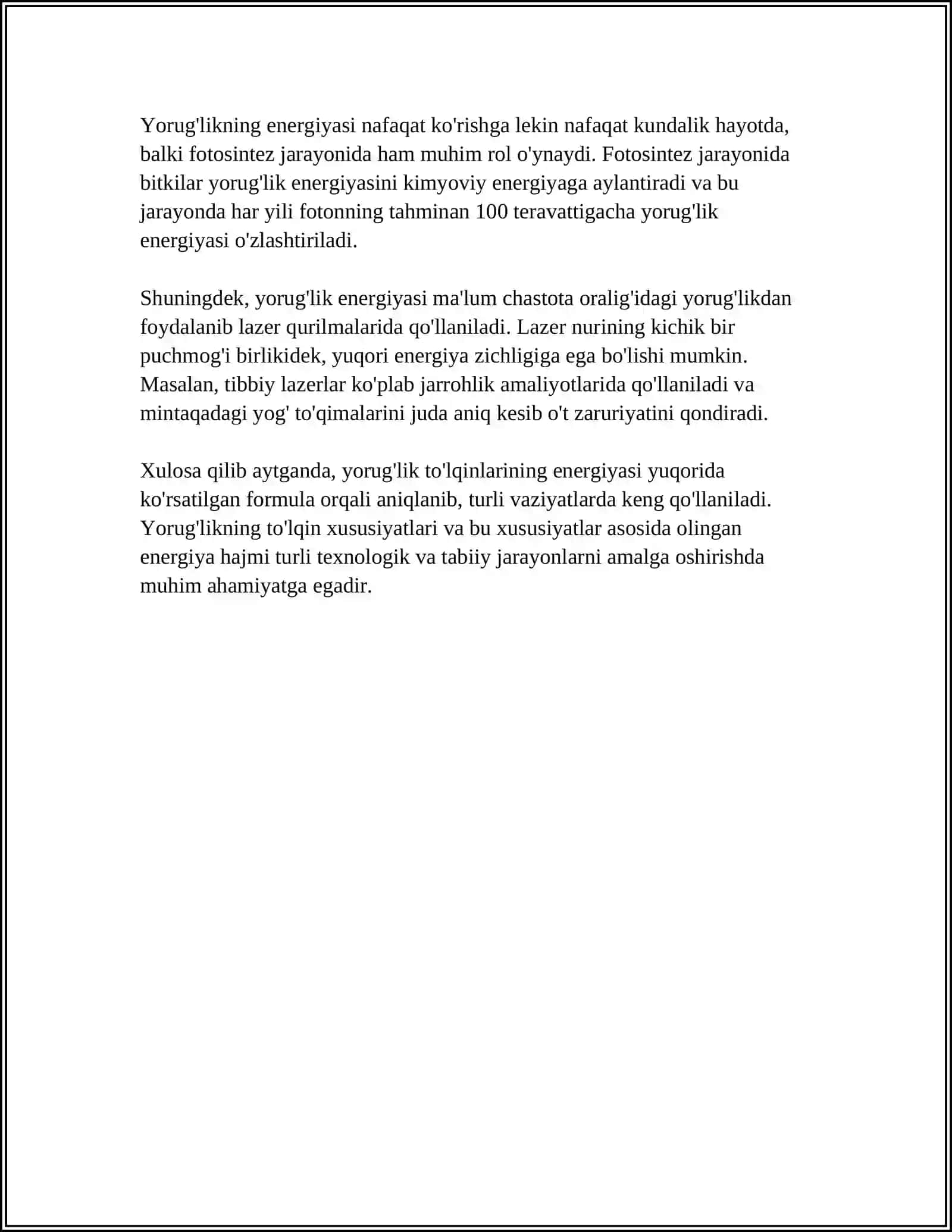 YORUGʻLIK TOʻLQINLARI ENERGIYASI VA IMPULSI. ELEKTROMAGNIT MAYDON ENERGIYASI; ENERGIYA OQIMI; UMOV-POYNTNING VEKTORI 4