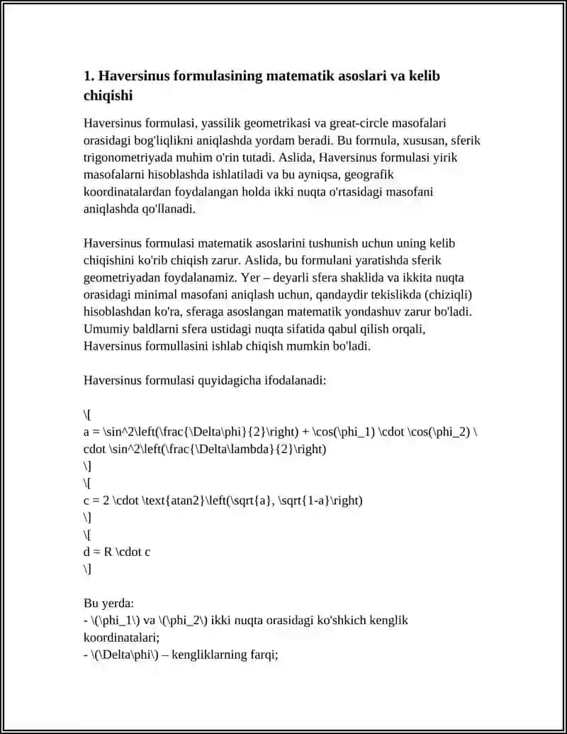 HAVERSINUS FORMULASI: ISHLASH PRINSIPI, FORMULANI PYTHON/JAVA/C# DA AMALGA OSHIRISH VA TEKSHIRISH 4