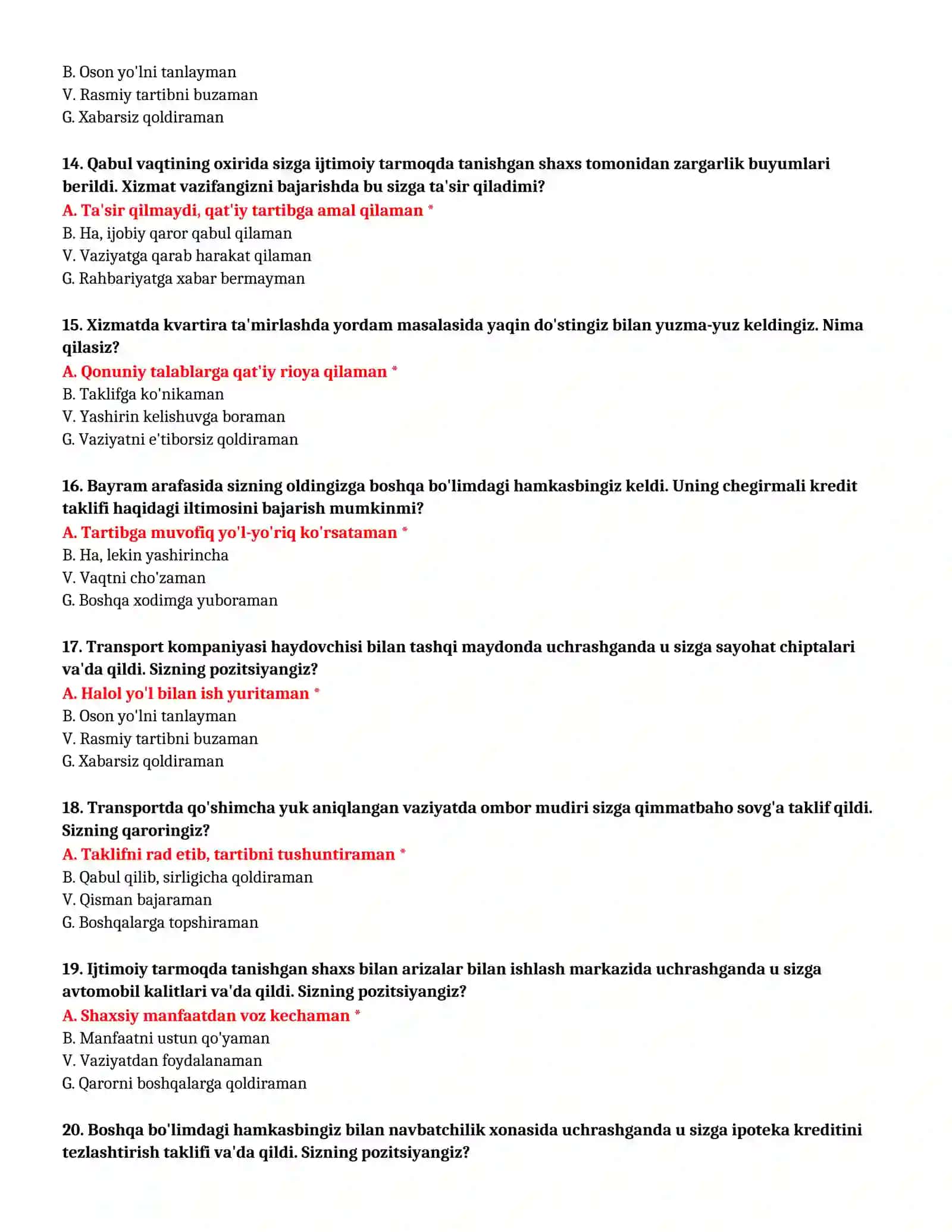 BOJXONA AKADEMIYASI - KASBIY TANLOV TEST SAVOLLARI (№ 9) 4