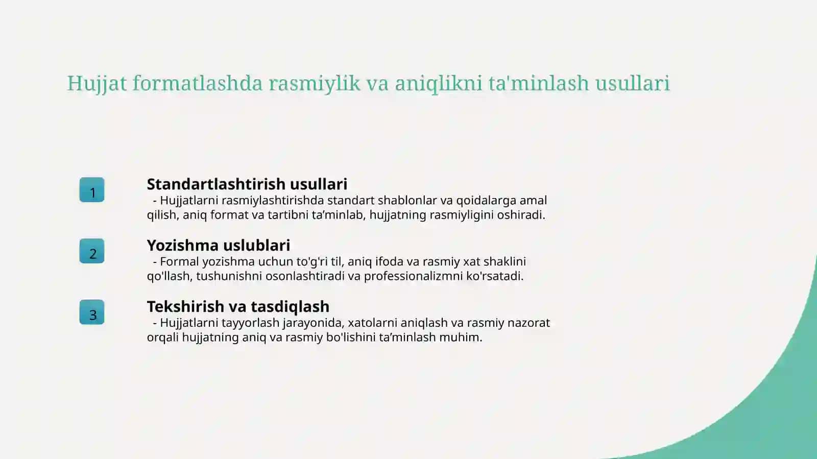 Tashkiliy hujjat namunalari bilan ishlash Farmoyish hujjat namunalari bilan ishlash Ma’lumot-axborot hujjatlari bilan ishlash Xizmat yozishmalari namunalari bilan ishlash Rasmiy xat namunalari bilan ishlash Diplomatik yozishmalar namunalari bilan ishlash 4