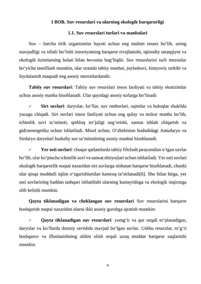 Suv resurslarining ekologik barqarorligi. Muammolari va yechimlari 4