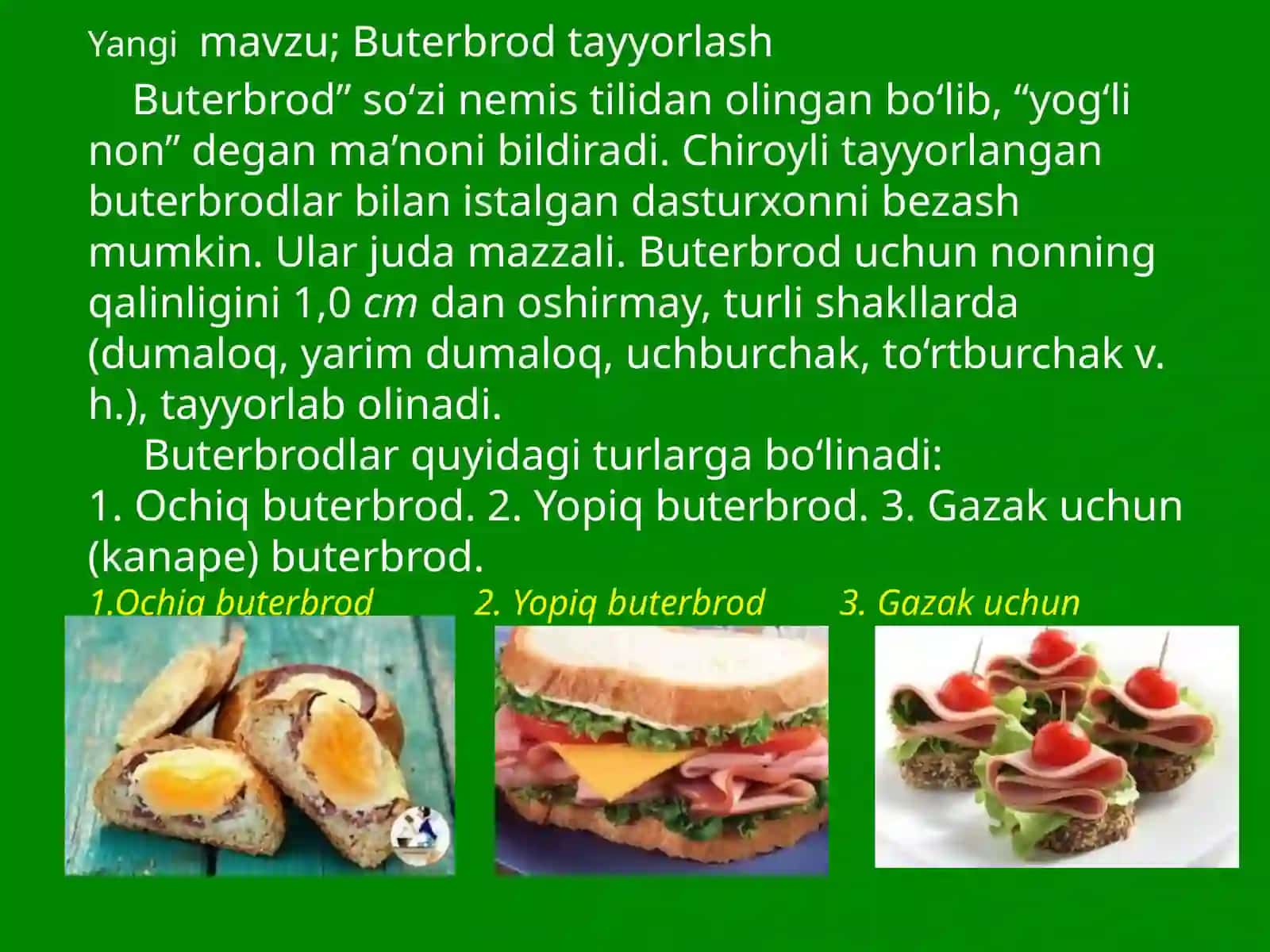 5-sinf Texnologiya fanidan Buterbrod va issiq ichimliklar tayyorlash. Nonushta uchun dasturxon tuzash dars ishlanma 4