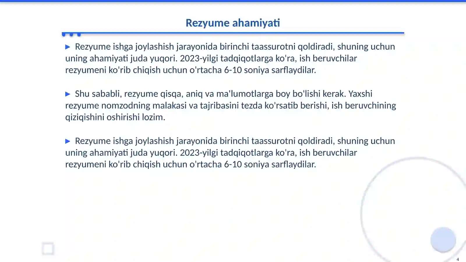 Ta'sirchan rezyume tuzish talablari 4