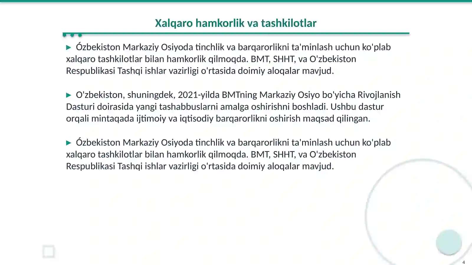 Ózbekistonning Markaziy Osiyoda tinchlik va barqarorlikni ta'minlashdagi órni 4